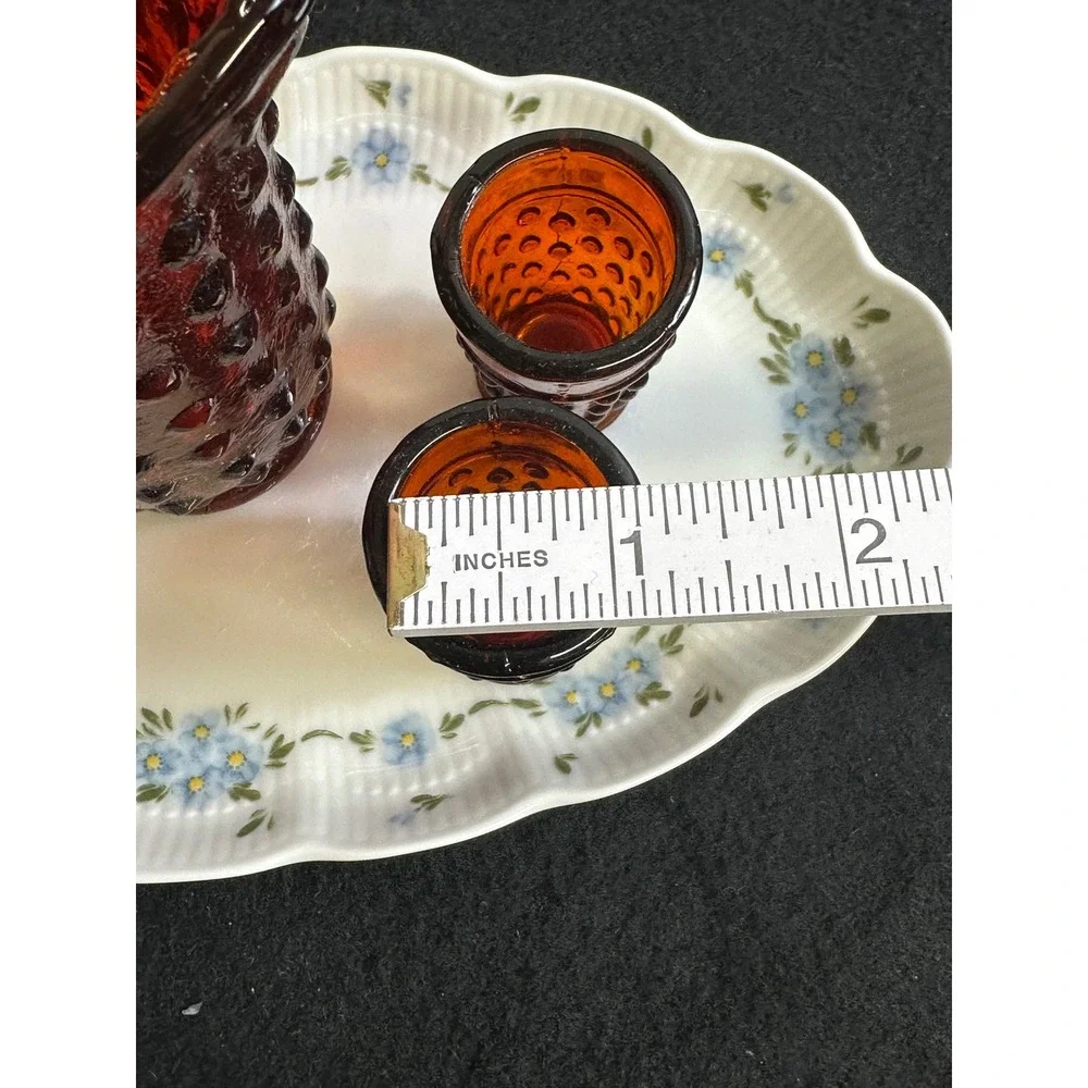 Amber Hobnail Glass Miniature Pitcher and 4 Shot Glasses Set Mid Century